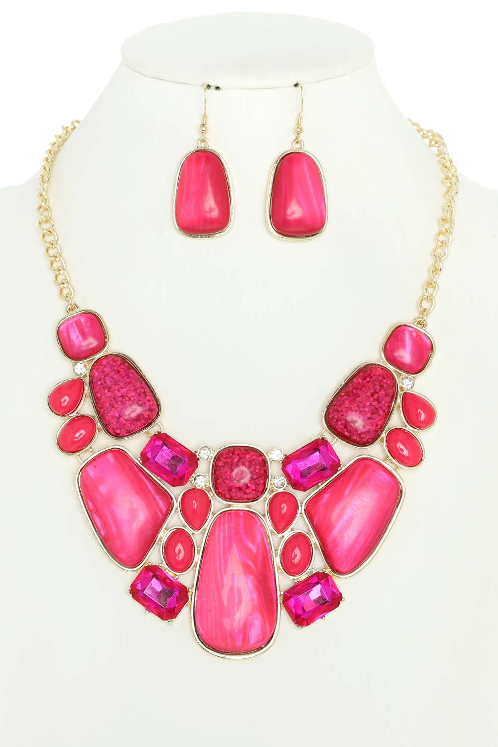 Necklace and earrings set with pink stones on a white background Born To Glam