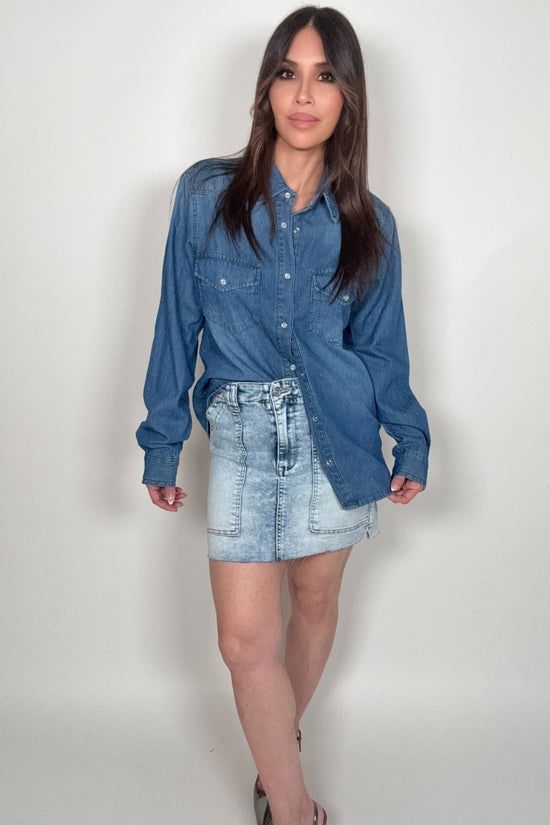 Western Snap Button Medium Denim Shirt - Born To Glam Born To Glam
