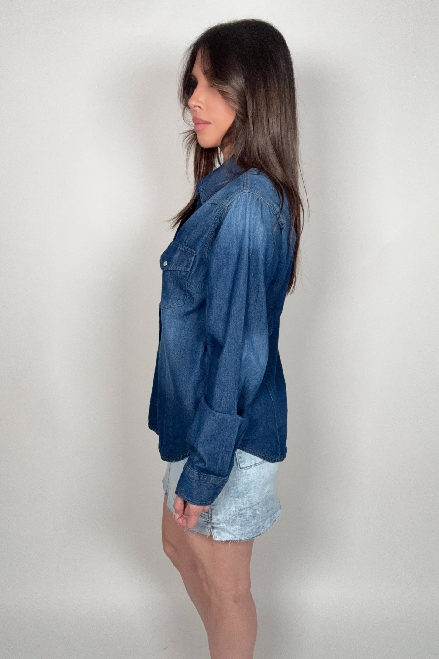 Western Snap Buttons Dark Denim Shirt - Born To Glam Born To Glam