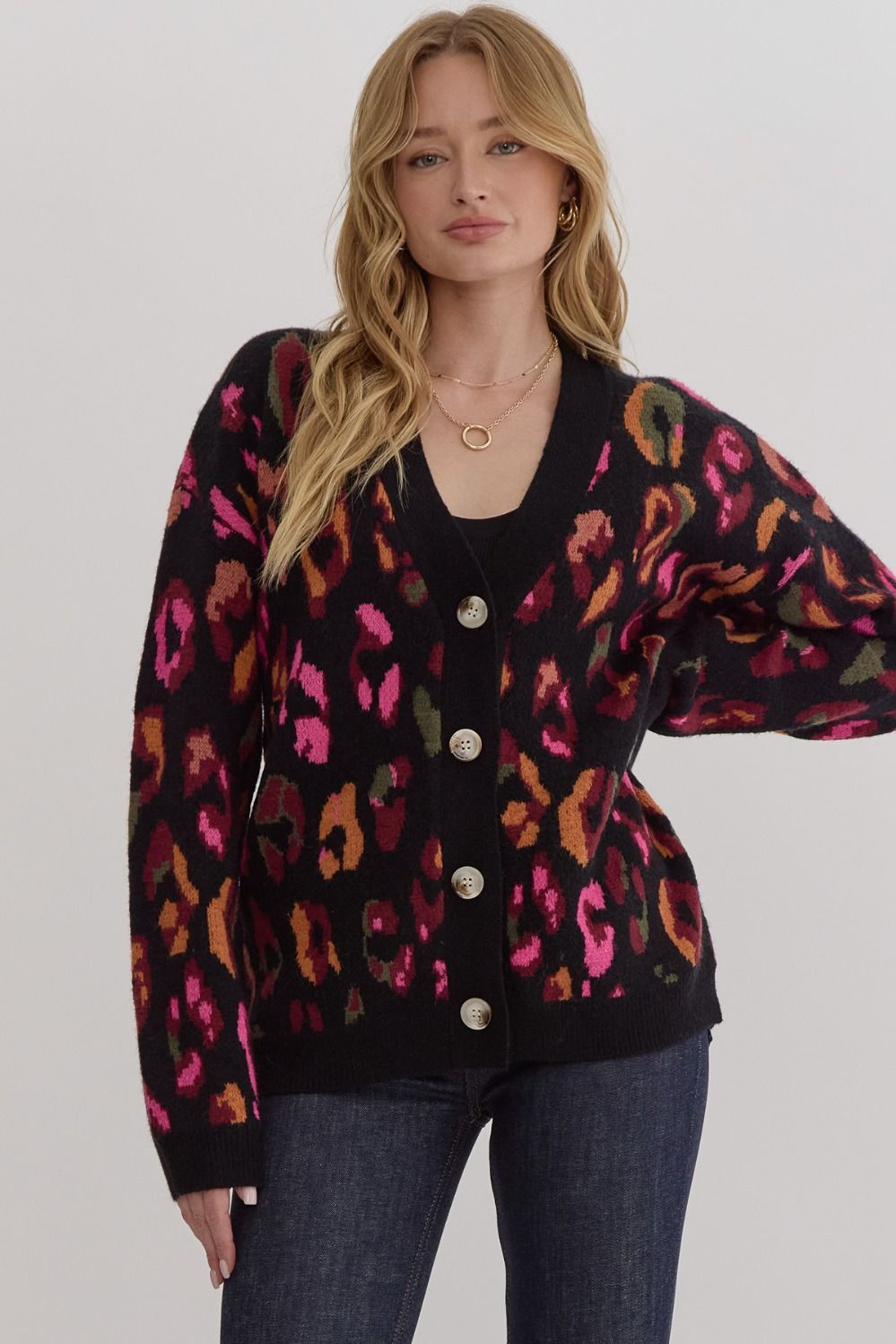 Animal Print Button Up Cardigan Featuring Ribbed Hem - Born To Glam Born To Glam