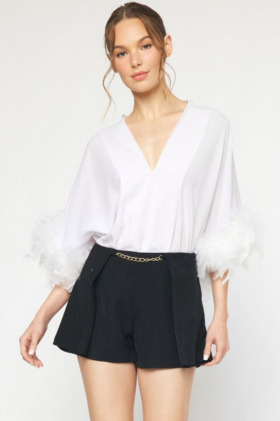 White Feather Trim Sleeve Bodysuit - Born To Glam Born To Glam