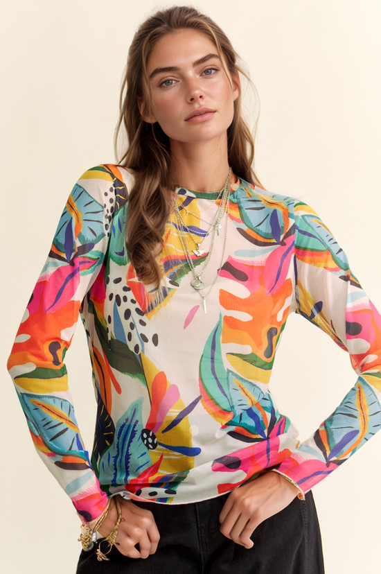 COLORFUL TROPICAL DROWING MESH LONG SLEEVE TOP - Born To Glam Born To Glam