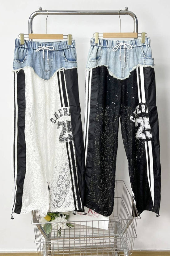 Denim Lace Sport Pants with Number Patch - Born To Glam Born To Glam