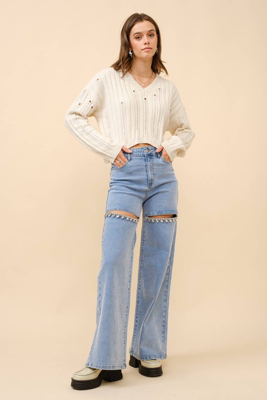 Mid Rise Crystal Slit Bottom Denim Jeans - Born To Glam Born To Glam