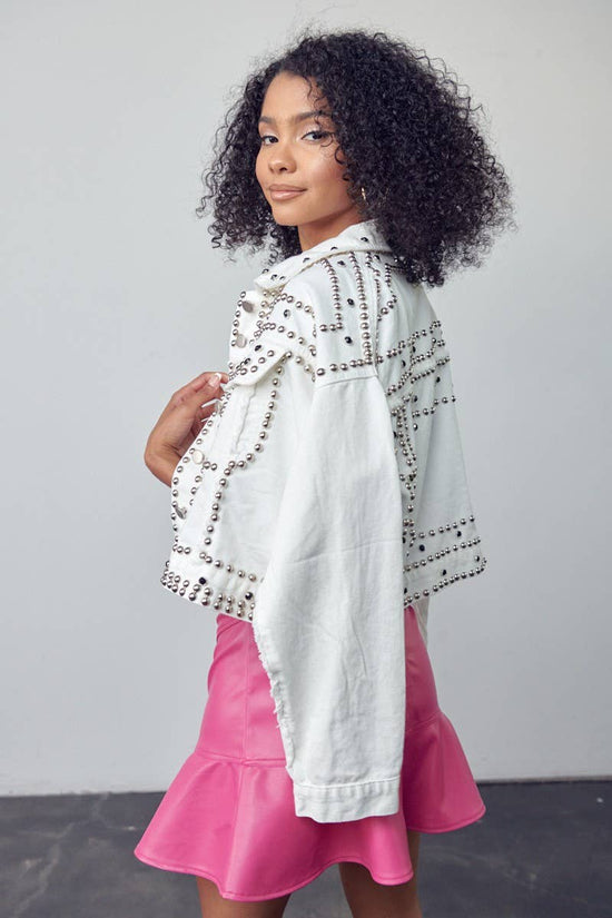 White Studded Oversized Denim Jacket - Born To Glam Born To Glam
