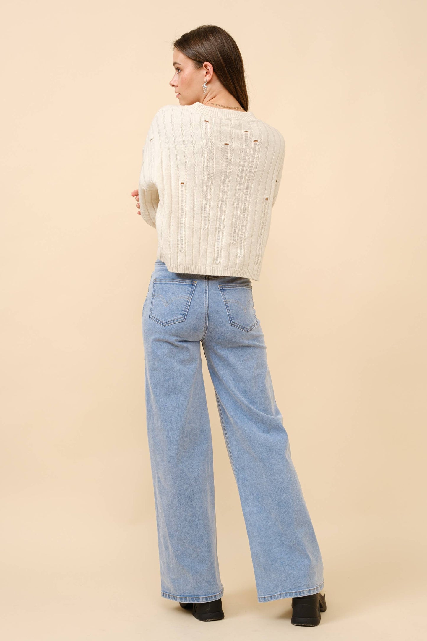 Mid Rise Crystal Slit Bottom Denim Jeans - Born To Glam Born To Glam