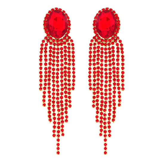 Oval Rhinestone Crystal Halo Drop Tassel Earrings - Born To Glam Born To Glam