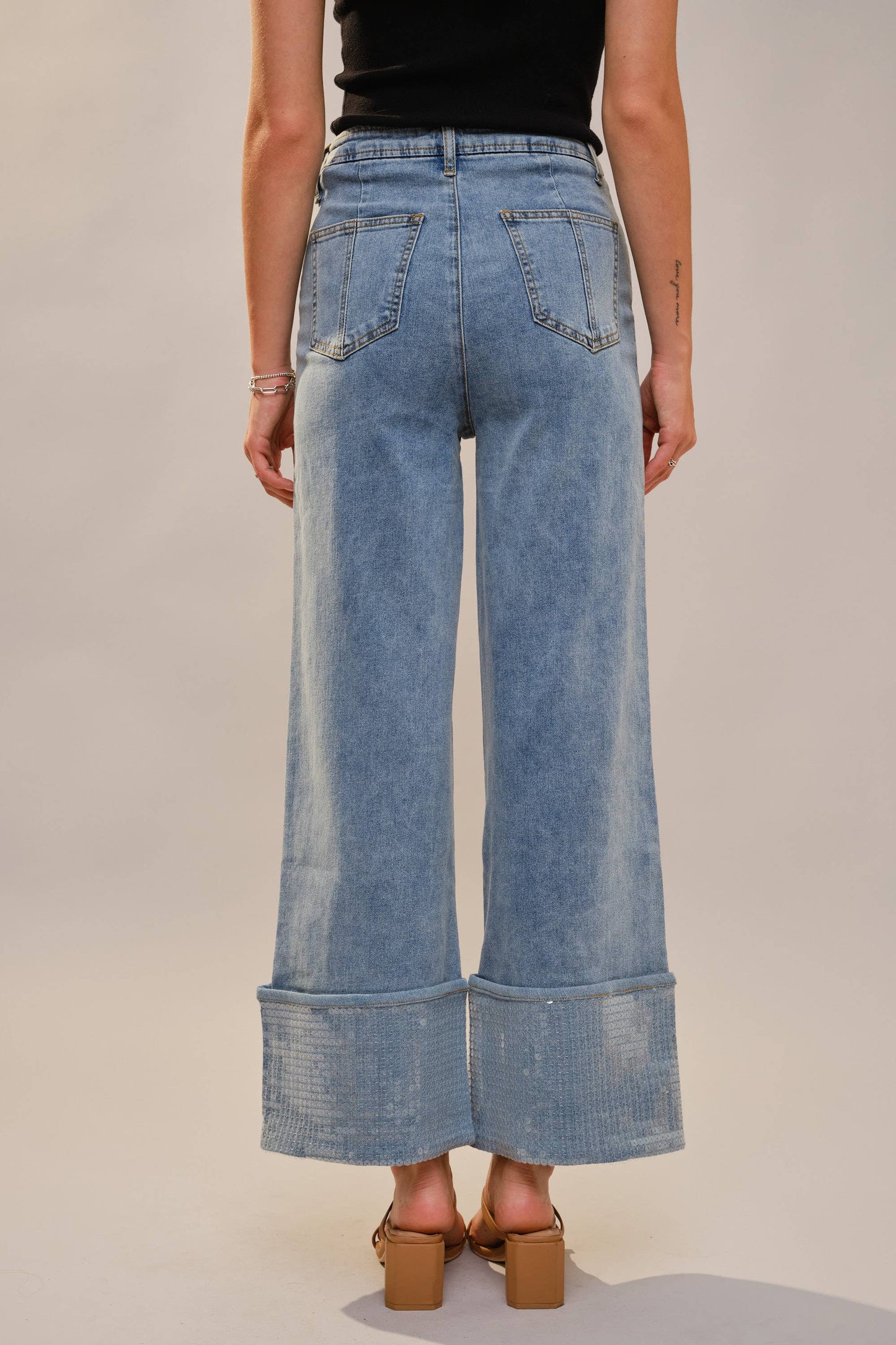 Cuffed Sequin Bottom Detailed Jeans - Born To Glam Born To Glam