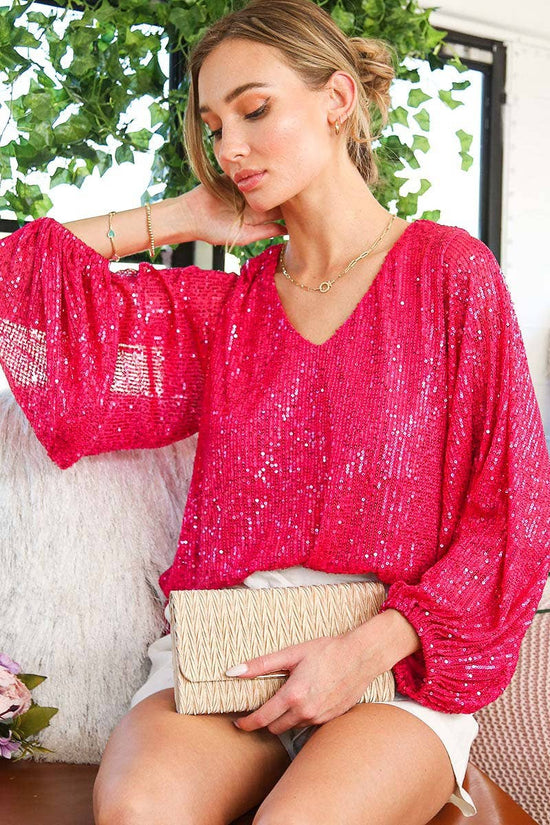 Fuchsia V-Neck Balloon Sleeves Sequin Blouse Top - Born To Glam Born To Glam