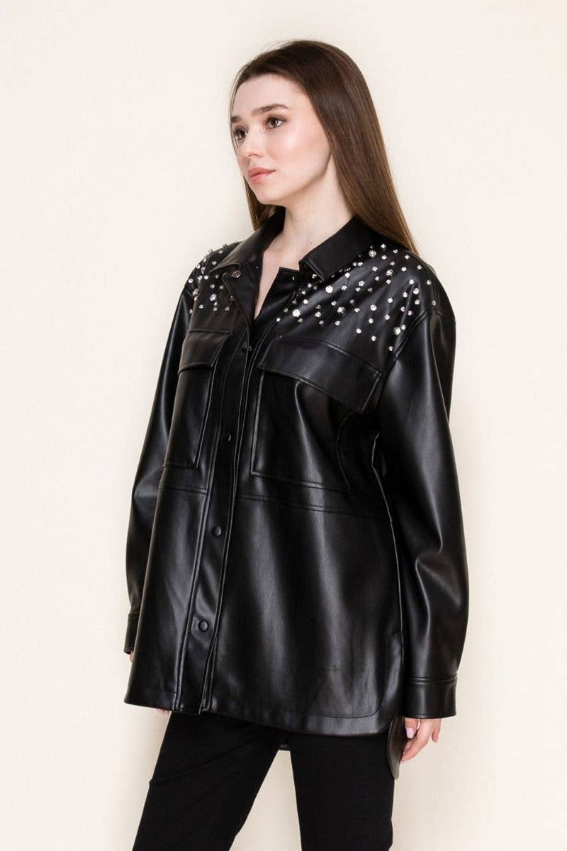 Faux Leather Rhinestone Jacket Born To Glam
