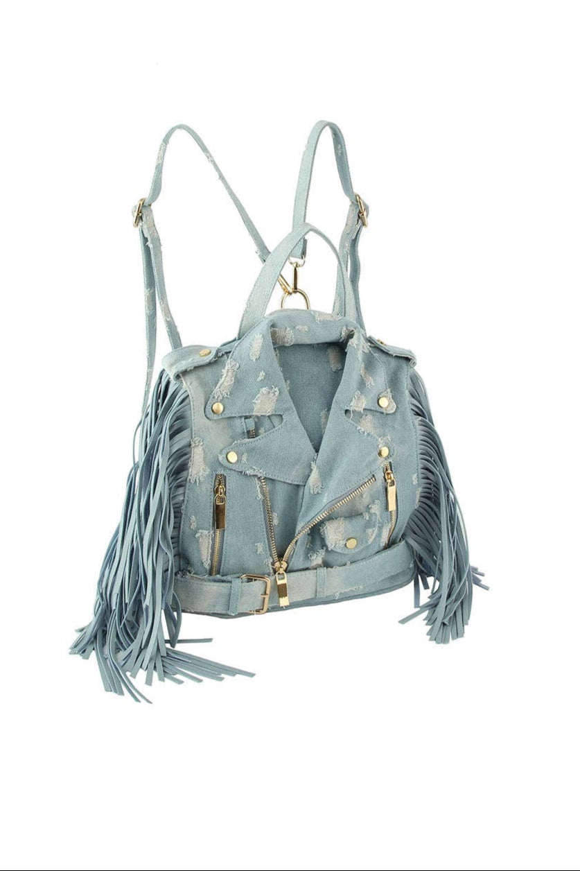 Denim fringe Motorcycle Jacket Backpack - Born To Glam Born To Glam
