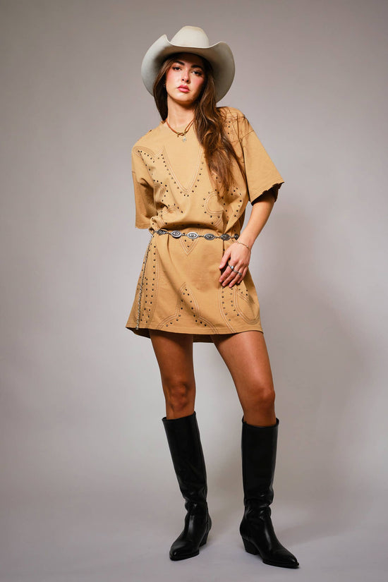 Washed Camel Studded Western T-Shirt Dress - Born To Glam Born To Glam