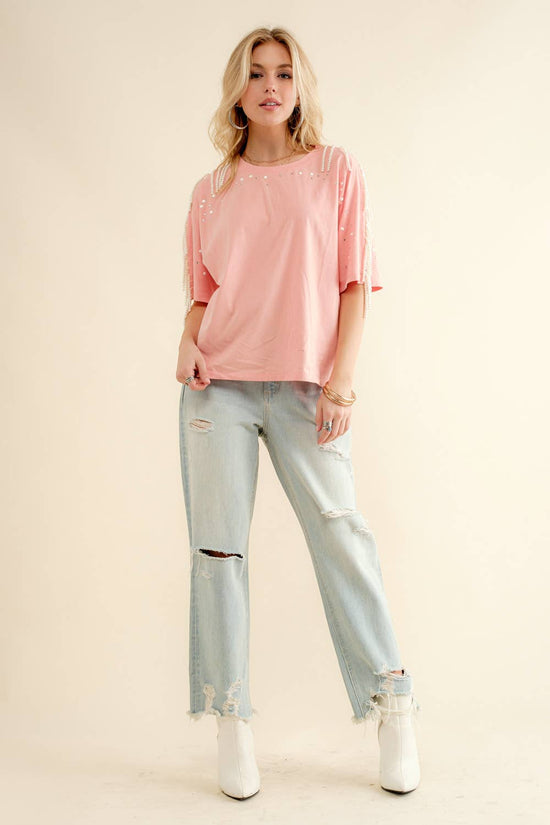 Pearl Fringe Shoulder T Shirt Born To Glam
