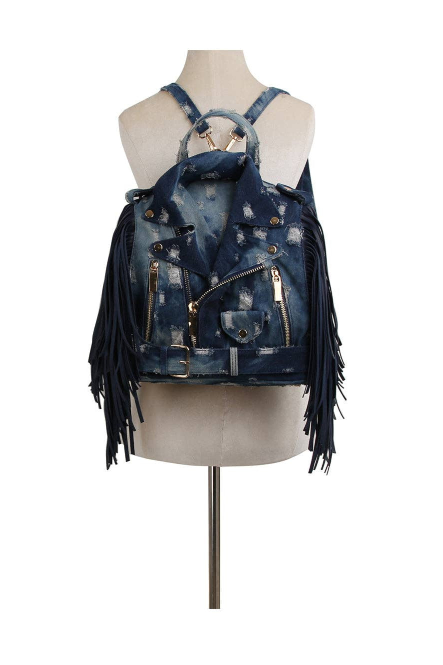 Denim fringe Motorcycle Jacket Backpack - Born To Glam Born To Glam