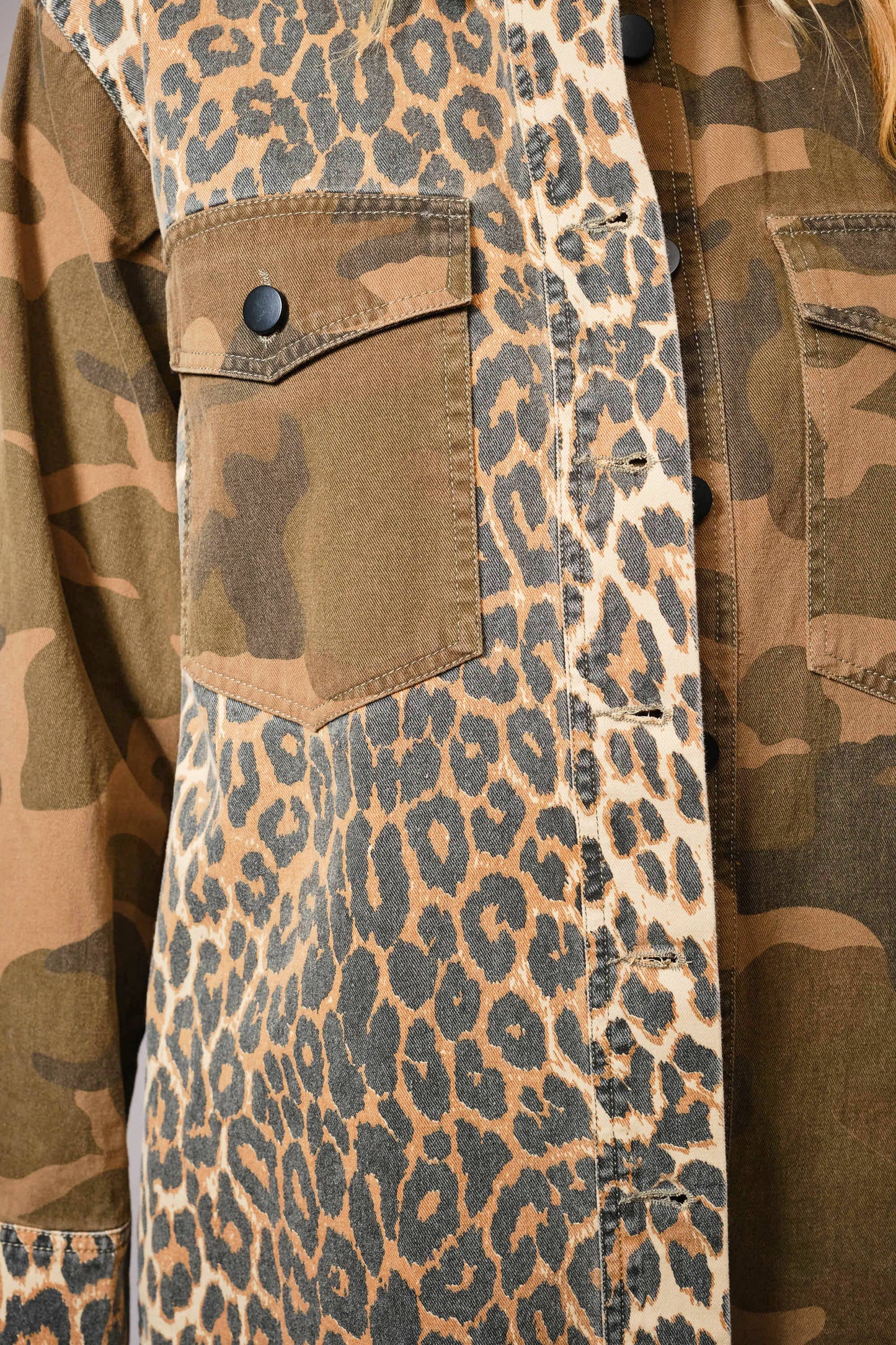 Camo Green Mix Media Leopard Snap Jacket - Born To Glam Born To Glam