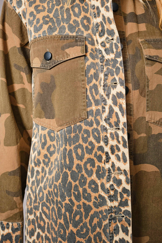 Camo Green Mix Media Leopard Snap Jacket - Born To Glam Born To Glam