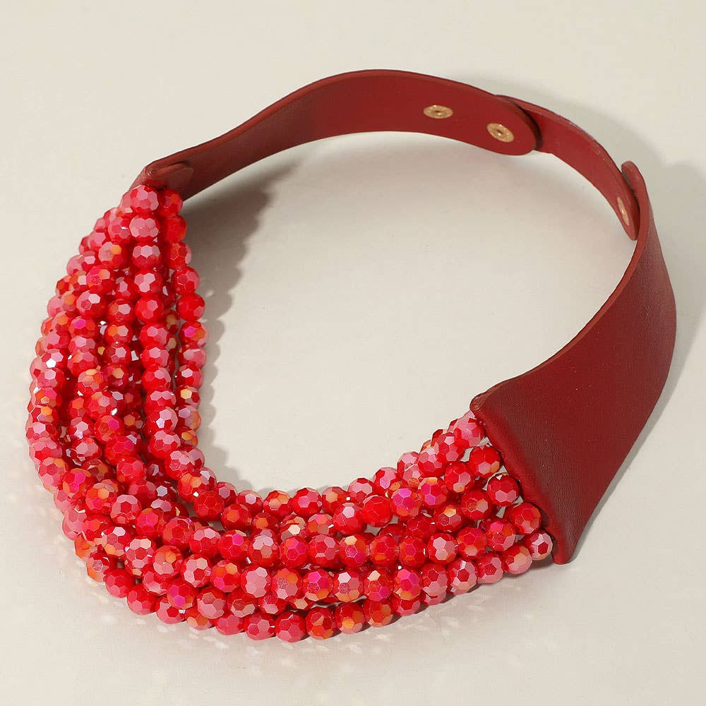 Chunky Acrylic Beaded Multi Layered Faux Leather Necklace - Born To Glam Born To Glam