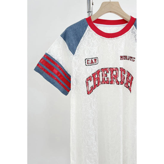Lace Patchwork Graphic Tee with Denim - Born To Glam Born To Glam