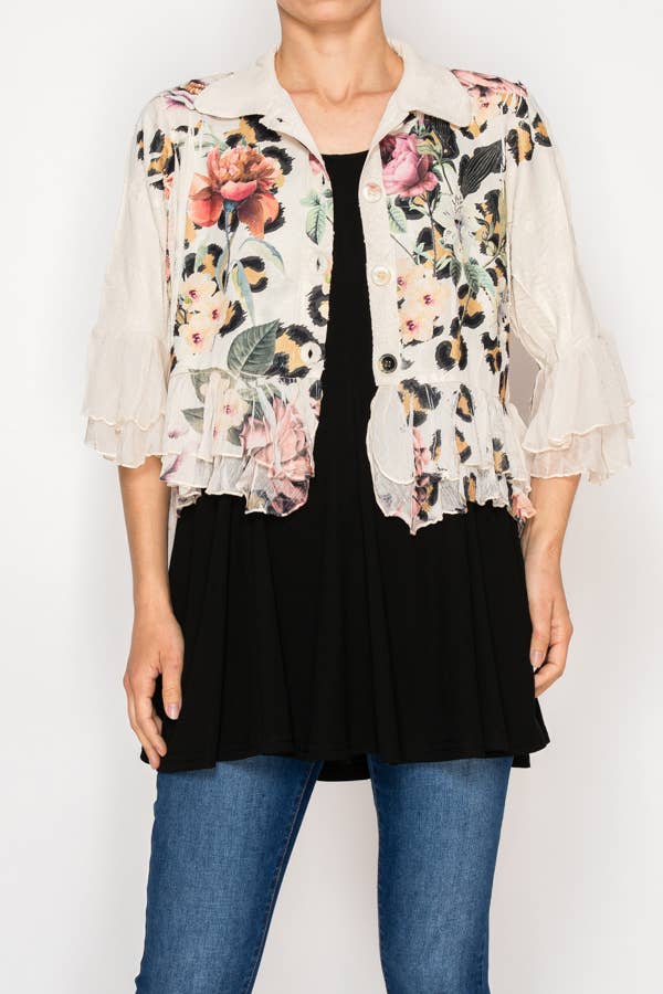 Ruffle Sleeve Floral Leopard Print Jacket - Born To Glam Born To Glam