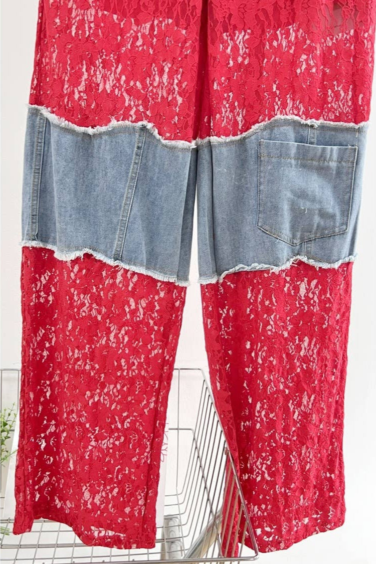 Red Color Block Lace and Denim Wide Leg Pants - Born To Glam Born To Glam
