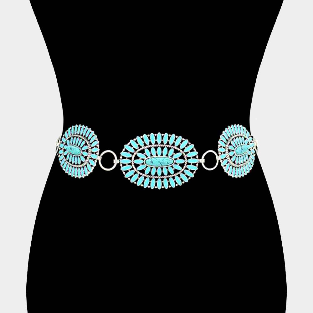 Boho Vintage Western Oval Turquoise Stone Concho Chain Belt - Born To Glam Born To Glam