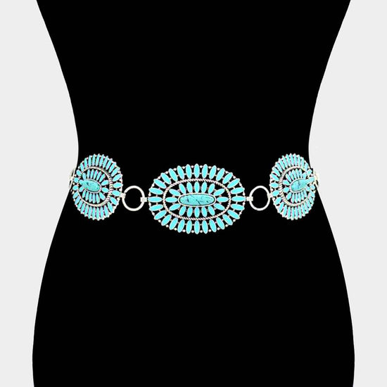 Boho Vintage Western Oval Turquoise Stone Concho Chain Belt - Born To Glam Born To Glam