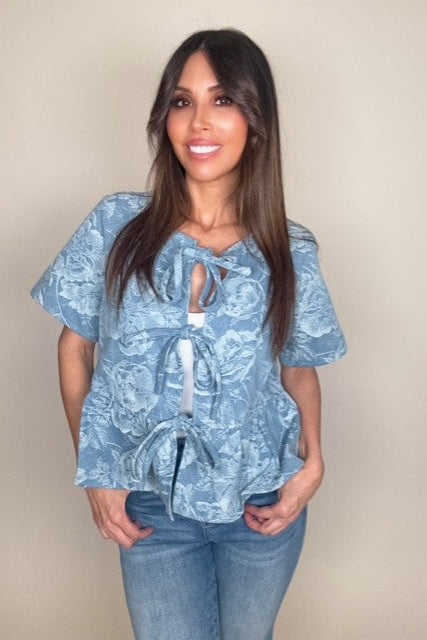 Floral Jacquard Denim Tie Front Peplum Blouse - Born To Glam Born To Glam