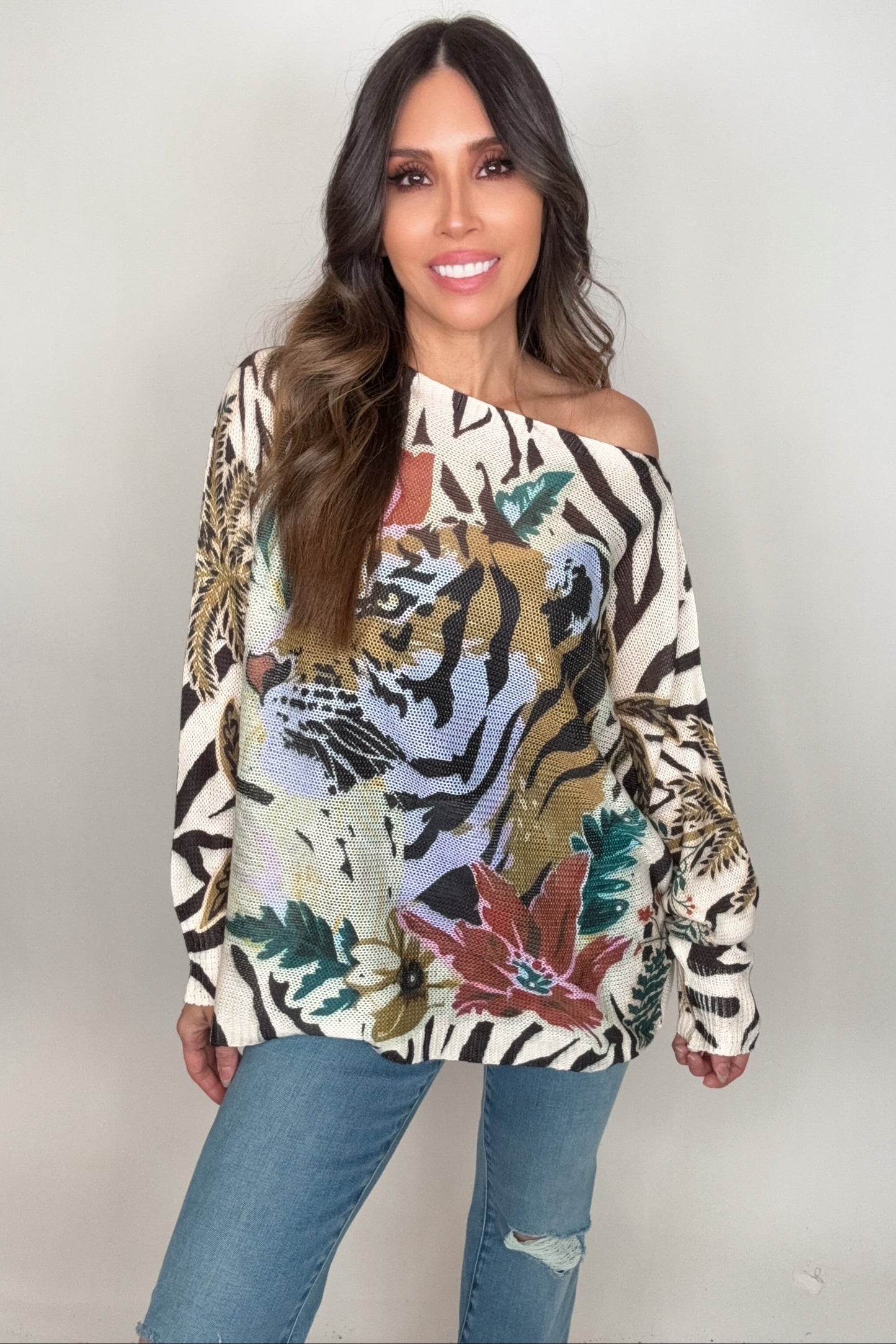 Tiger Floral Round Neck Knit Printed Sweater - Born To Glam Born To Glam