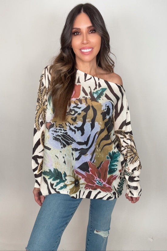 Tiger Floral Round Neck Knit Printed Sweater - Born To Glam Born To Glam