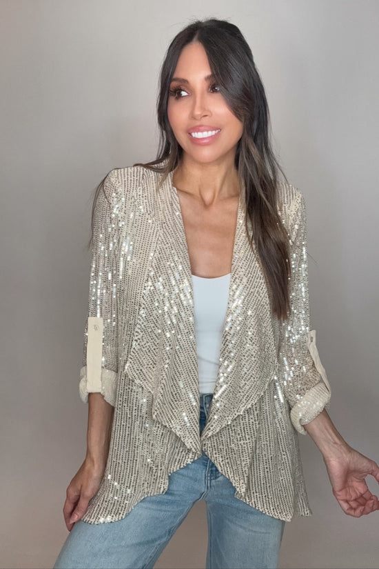 Sequin Draped Collar Open Front Cardigan Jacket - Born To Glam Born To Glam