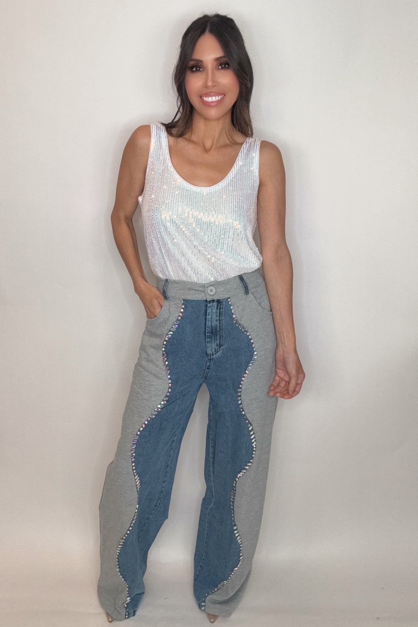 Scoop Neck Sleeveless Embroidered Sequin Tank Top - Born To Glam Born To Glam