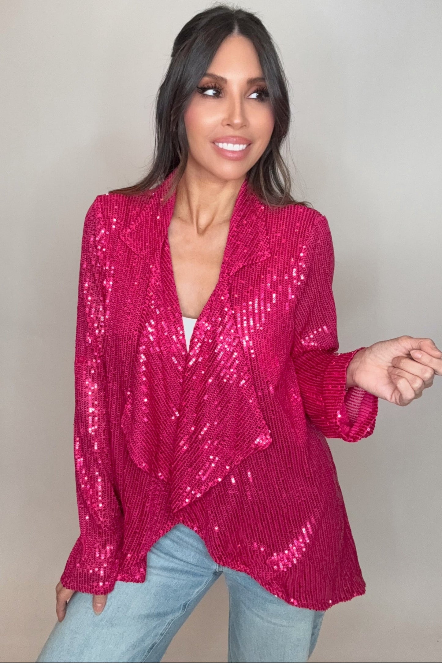 Sequin Draped Collar Open Front Cardigan Jacket - Born To Glam Born To Glam