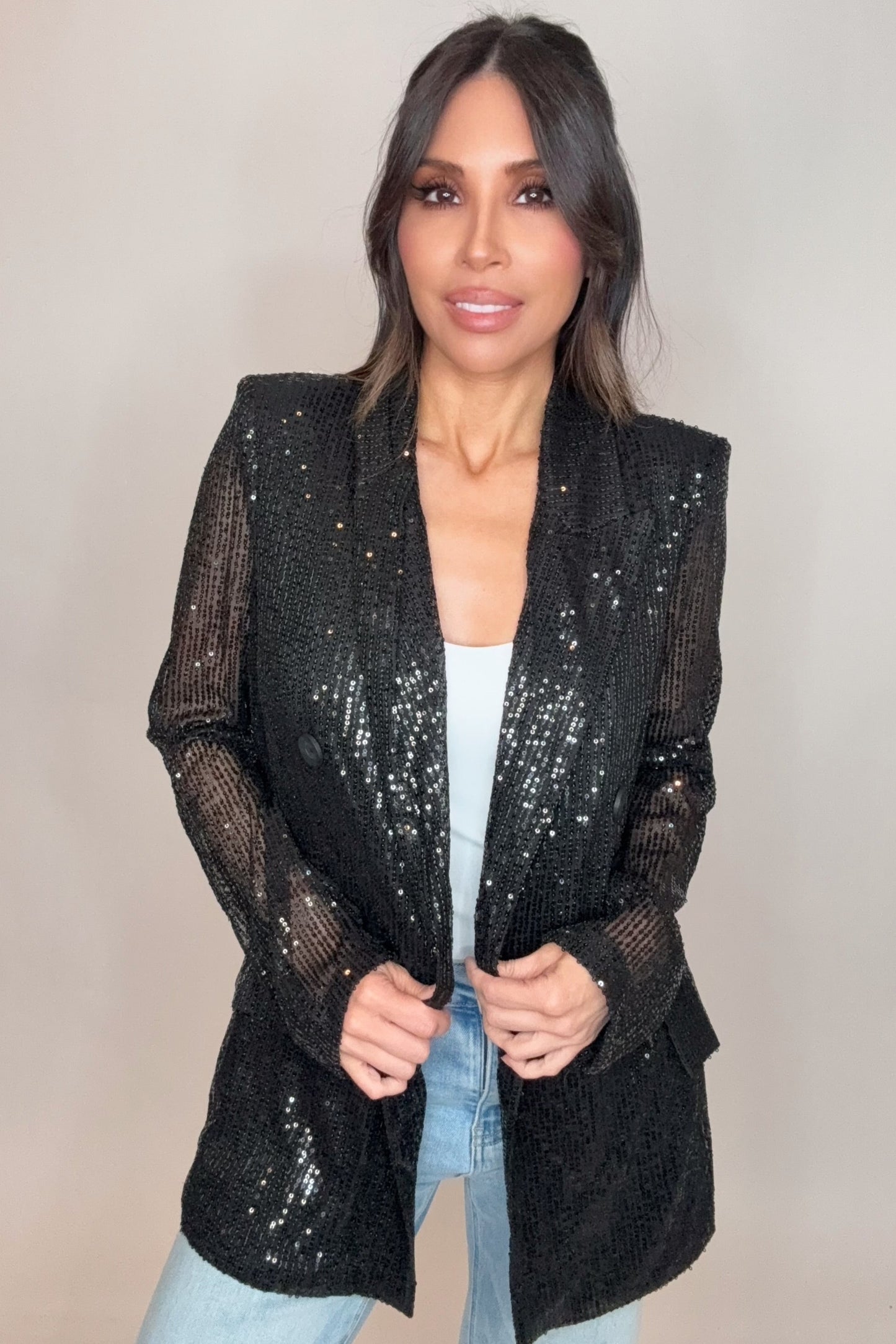 Sequin Detail Open Front Long Sleeve Blazer - Born To Glam Born To Glam
