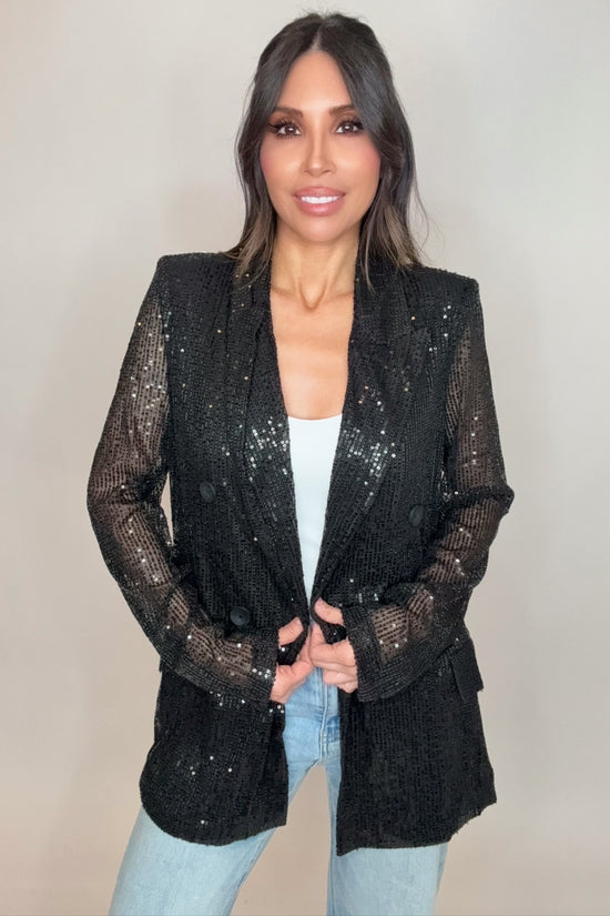 Sequin Detail Open Front Long Sleeve Blazer - Born To Glam Born To Glam