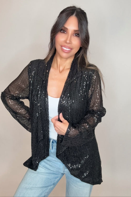 Sequin Draped Collar Open Front Cardigan Jacket - Born To Glam Born To Glam