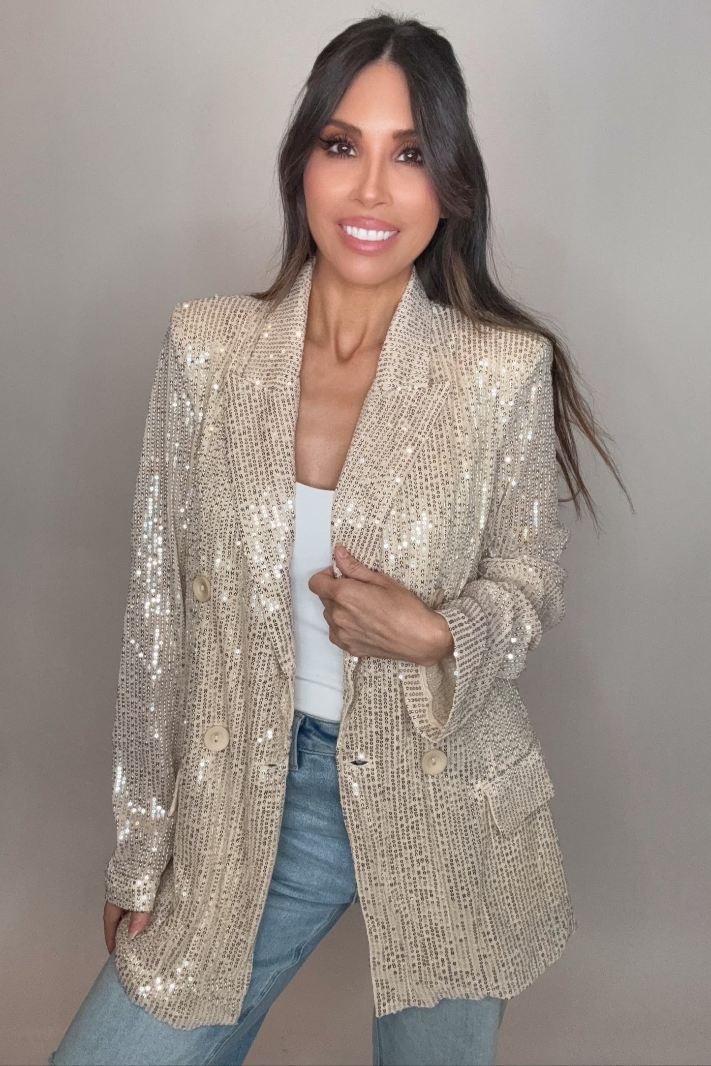 Sequin Detail Open Front Long Sleeve Blazer - Born To Glam Born To Glam