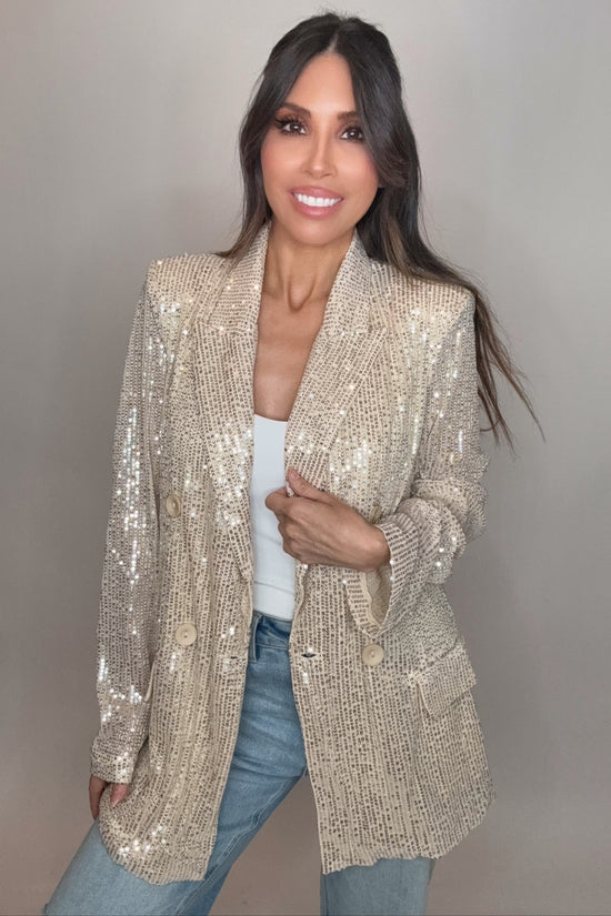 Sequin Detail Open Front Long Sleeve Blazer - Born To Glam Born To Glam