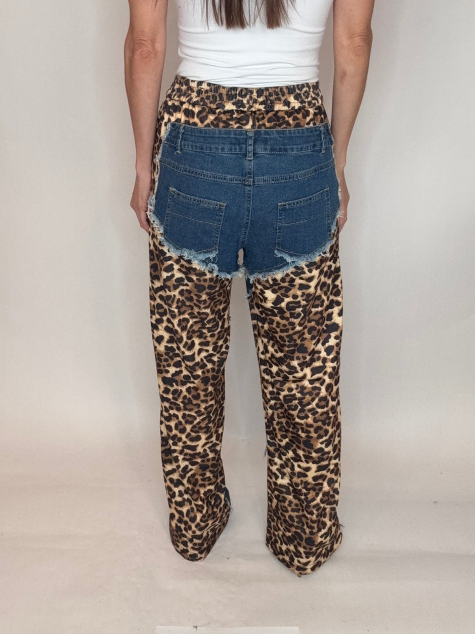 Leopard Contrast High Waist Pants - Born To Glam Born To Glam