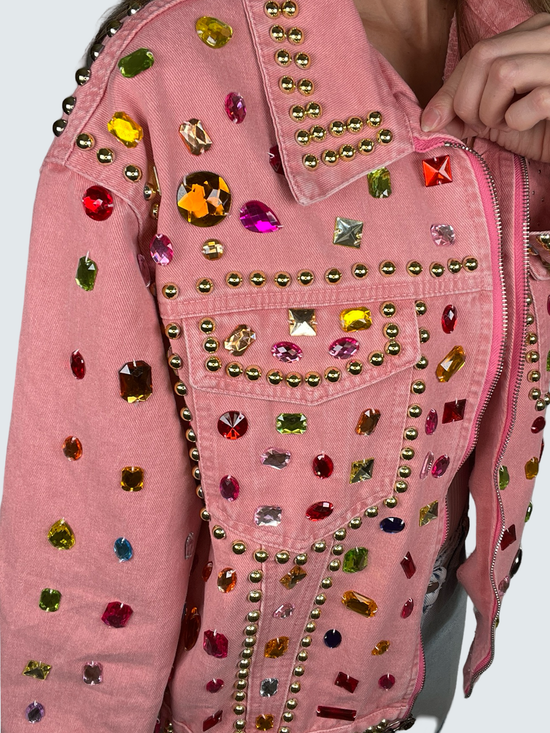 Chic Pink Multi Color Crystal Denim Jacket - Born To Glam Born To Glam