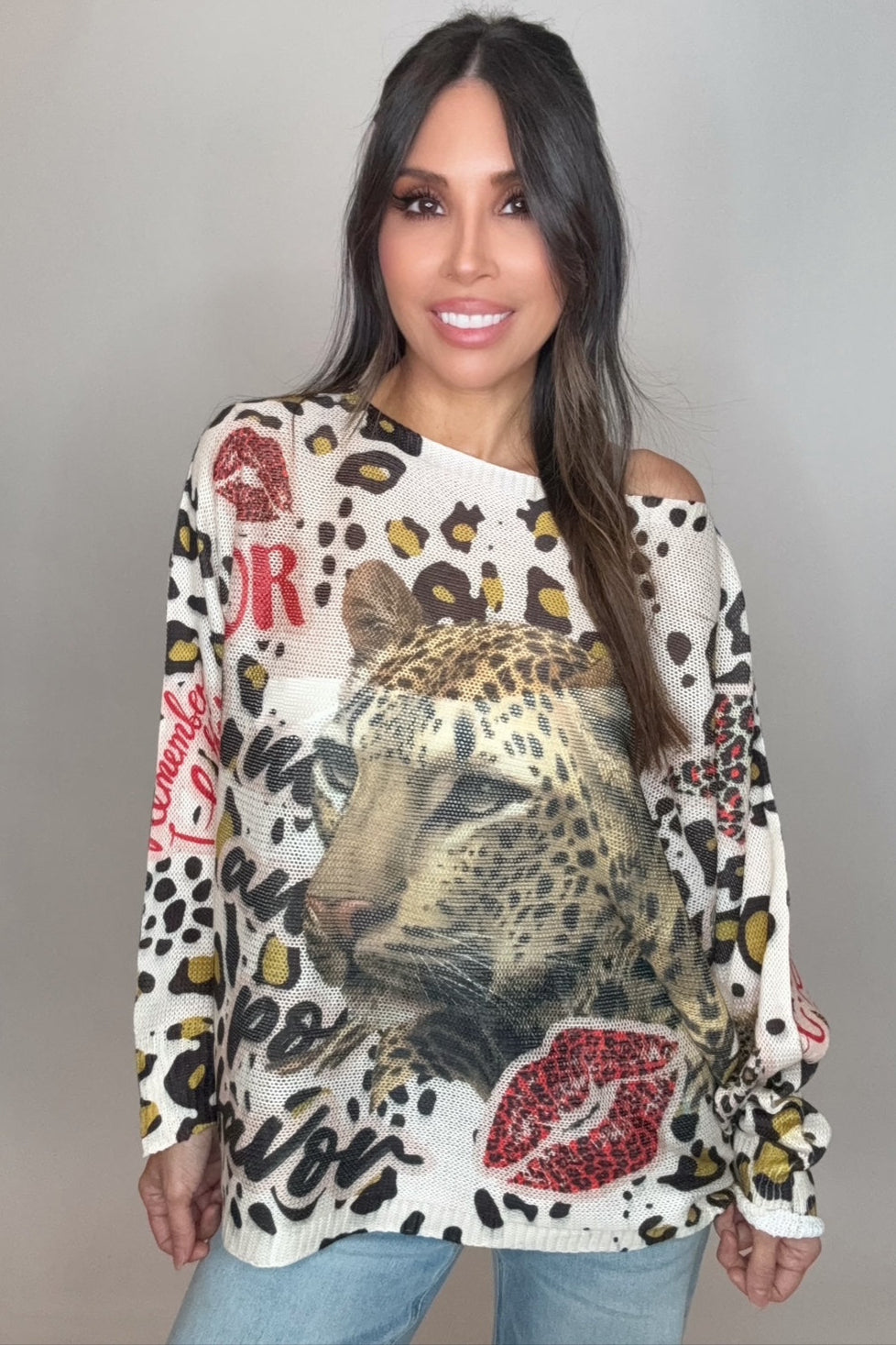 Love Lips Round Neck Knit Printed Sweater - Born To Glam Born To Glam