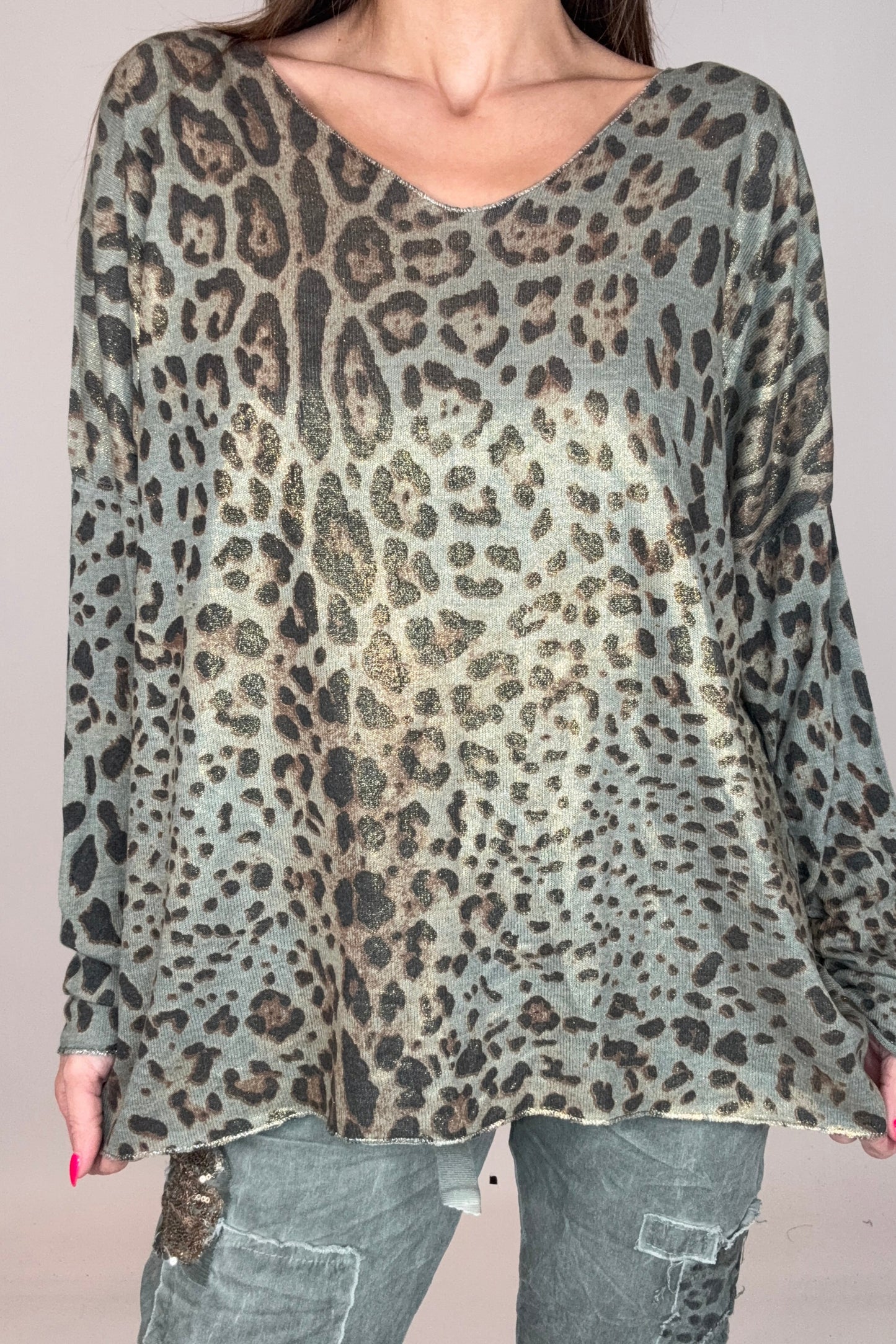 Camo Green Metallic Leopard Sweater - Born To Glam Born To Glam