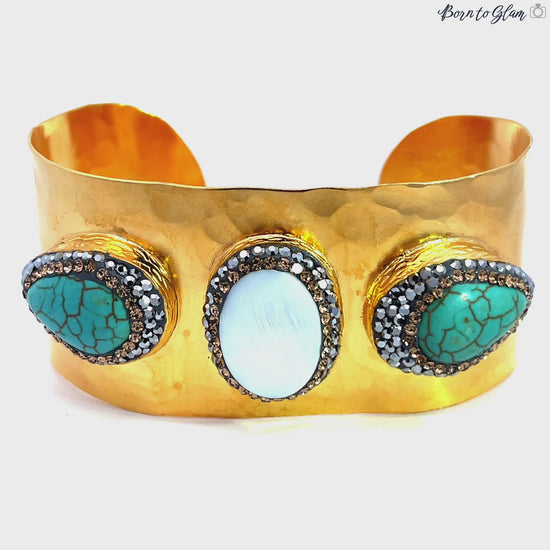 Load and play video in Gallery viewer, Triple Gemstone Gold Adjustable Cuff Bracelet
 Born To Glam