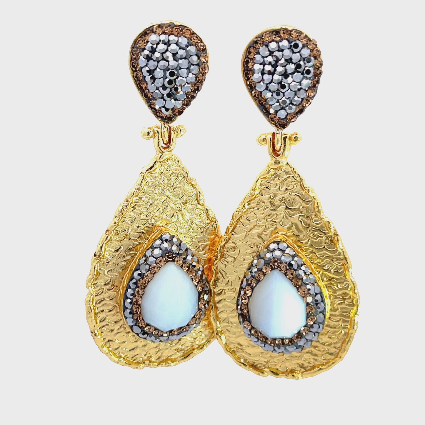 Load and play video in Gallery viewer, Teardrop Gemstone &amp;amp; Crystal Brass Dangle Earring
 Born To Glam