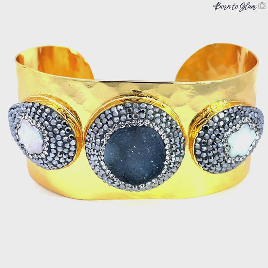 Load and play video in Gallery viewer, Triple Gemstone Gold Adjustable Cuff Bracelet
 Born To Glam
