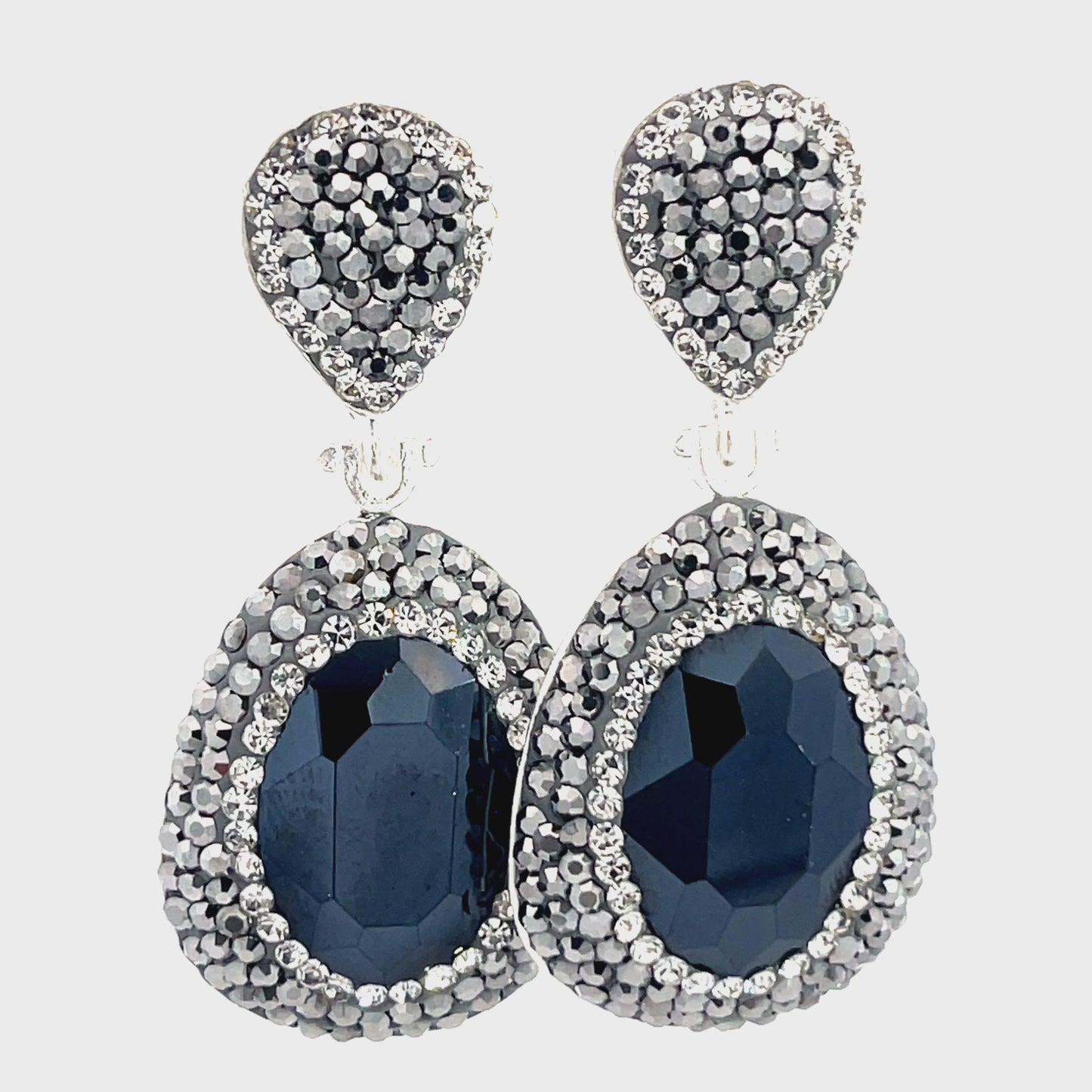 Load and play video in Gallery viewer, Onxy Silver &amp;amp; Hematite Crystal Oval Gemstone Crystal Drop Earrings
 Born To Glam