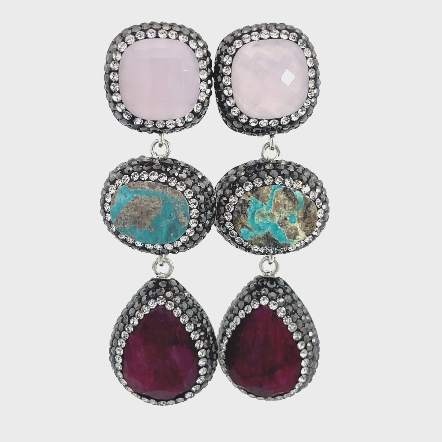 Load and play video in Gallery viewer, Gemstone Crystal Triple Tier 925 Sterling Silver Dangle Earring
 Born To Glam