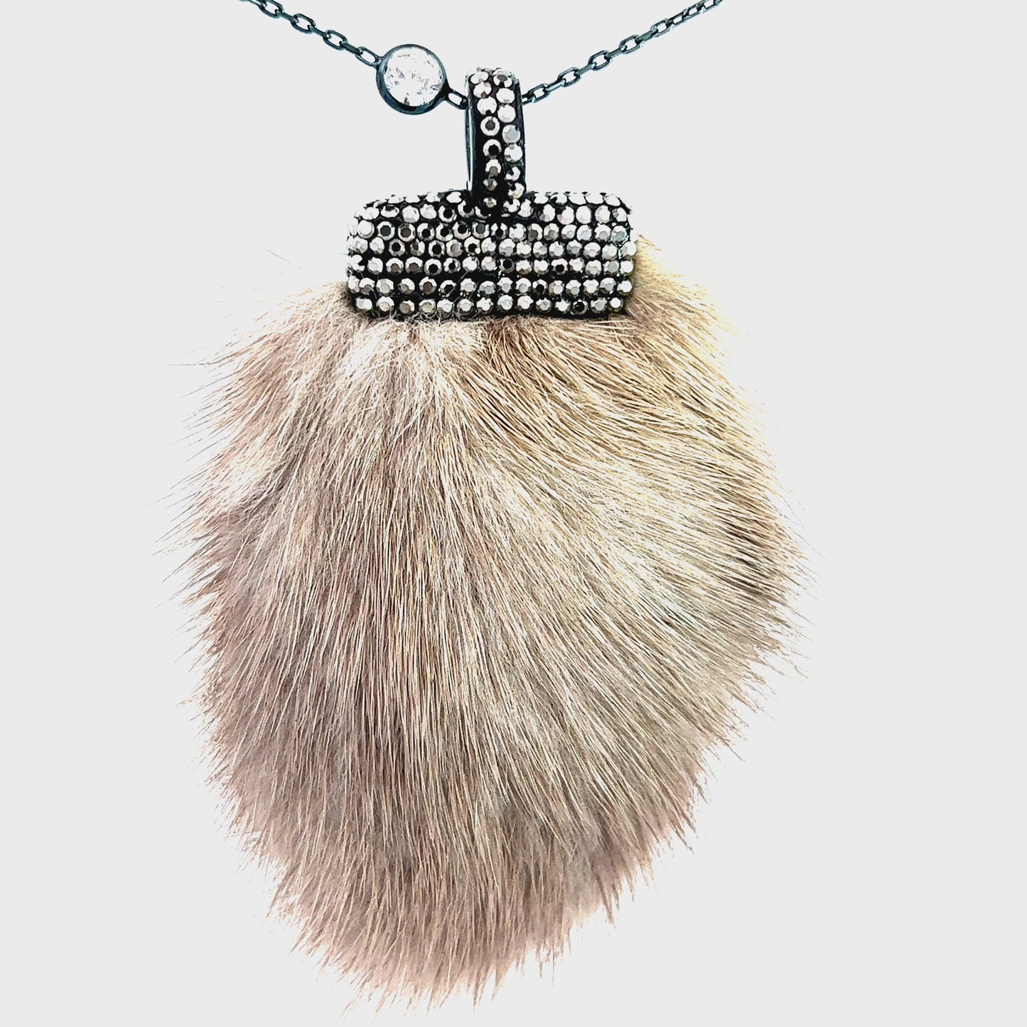 Load and play video in Gallery viewer, Gray Luxe Fur Crystal Pendant Sterling Silver Necklace
 Born To Glam
