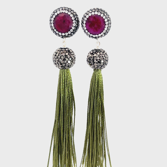 Load and play video in Gallery viewer, Round Gemstone Long 925 Sterling Silver Tassel Earring
 Born To Glam