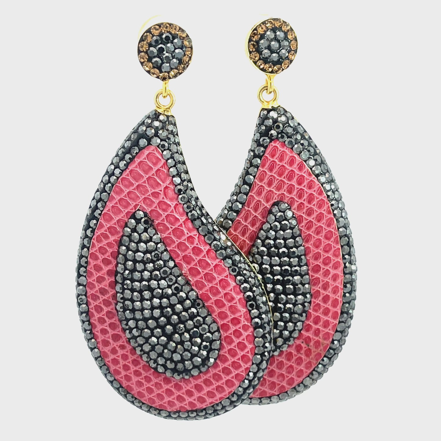 Load and play video in Gallery viewer, Curved Teardrop Leather &amp;amp; Crystal Drop Earrings
 Born To Glam