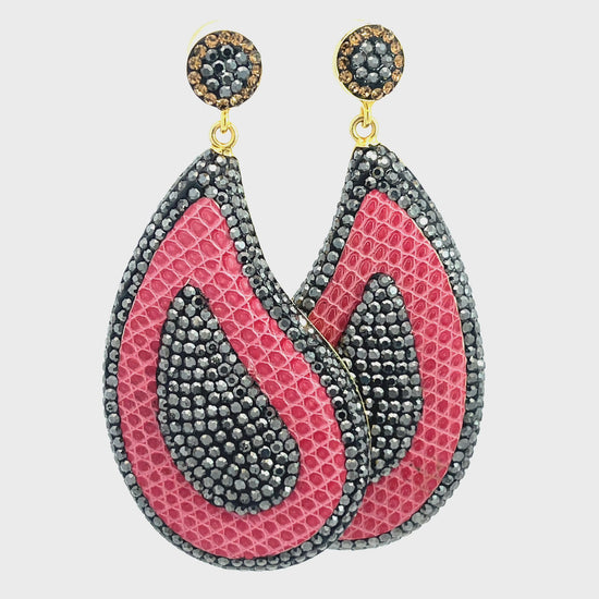 Load and play video in Gallery viewer, Curved Teardrop Leather &amp;amp; Crystal Drop Earrings
 Born To Glam